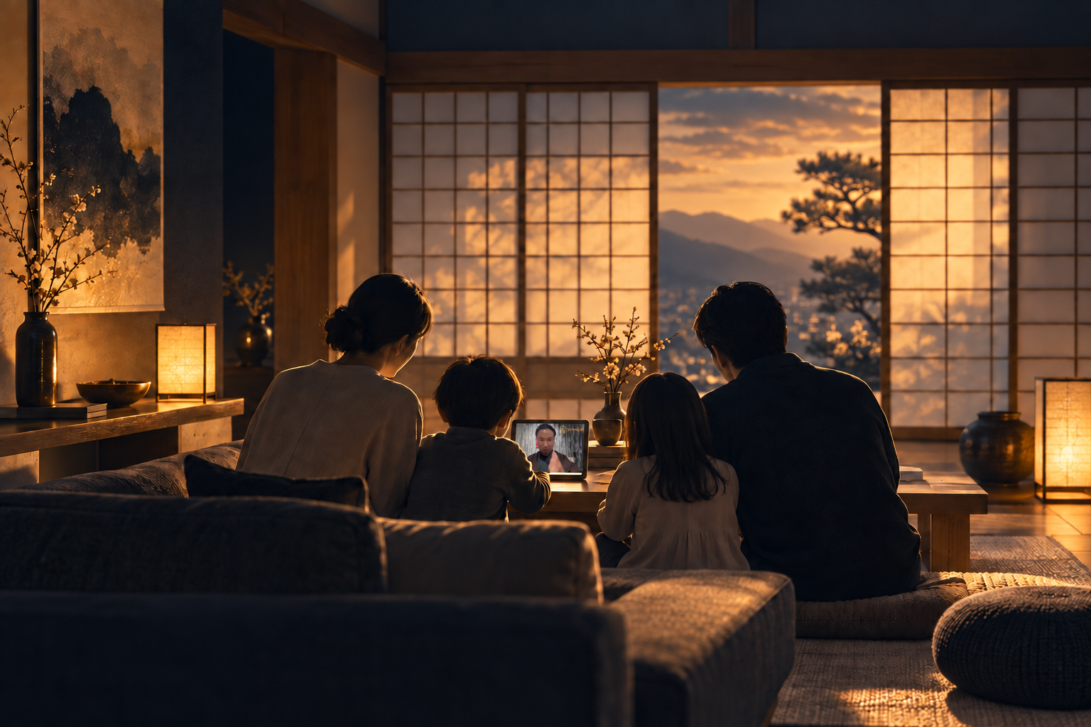 家族で動画教材を見ながら学ぶイメージ